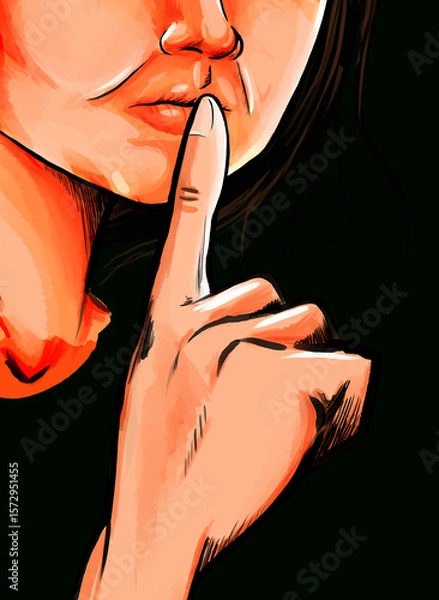 Fototapeta Silence gesture with finger on lips - pop art style - digital paint using gouache brushes