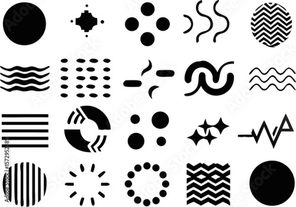 Fototapeta Black and white abstract icon set featuring dots, waves, spirals, and minimal symbols. Ideal for UI kits, branding, or modern background accents.