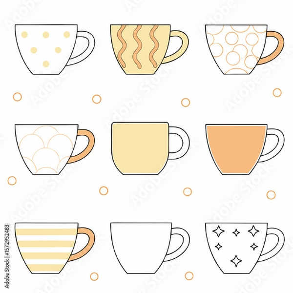 Fototapeta Vector set of colorful coffee and tea cups in minimal flat style with various patterns. Perfect for café branding, menu designs, and kitchen-themed illustrations.