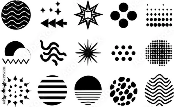Fototapeta Stylized black abstract vector elements including stars, circles, waves, and dot lines. Ideal for tech themes, creative decoration, and branding visuals.