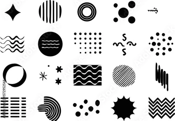 Fototapeta Clean black and white abstract shape set with circles, dashed lines, dots, and minimalist textures. Ideal for modern interface design, tech prints, or pattern fills.