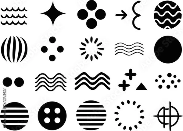 Fototapeta Abstract black vector icon set with waves, arrows, circles, and cross shapes. Ideal for infographic design, web UI, motion graphics, and modern branding.