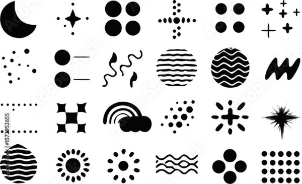 Fototapeta Black abstract vector set featuring dotted lines, circular patterns, wave textures, and minimalist graphic symbols. Great for UI design, infographics, and backgrounds.