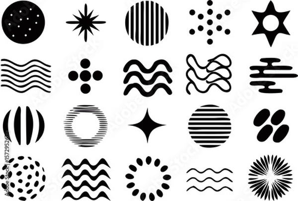 Fototapeta Minimal black abstract vector pack including circles, wavy lines, dots, and simple shapes. Ideal for branding, UI components, textures, and modern backgrounds.