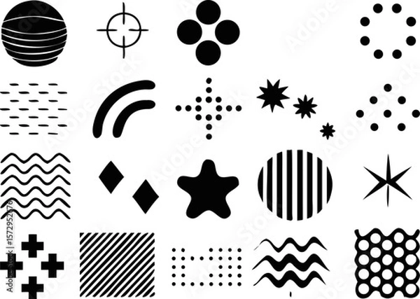 Fototapeta Abstract black and white vector icon set with moon, stars, waves, and oval shapes. Ideal for UI elements, posters, spiritual themes, or decorative use.