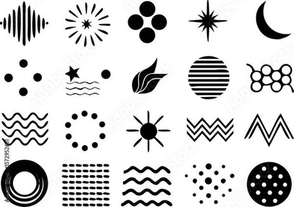 Fototapeta Vector icon collection of black abstract shapes including flower-like symbols, circles, and wavy lines. Great for decoration, packaging, or logo assets.