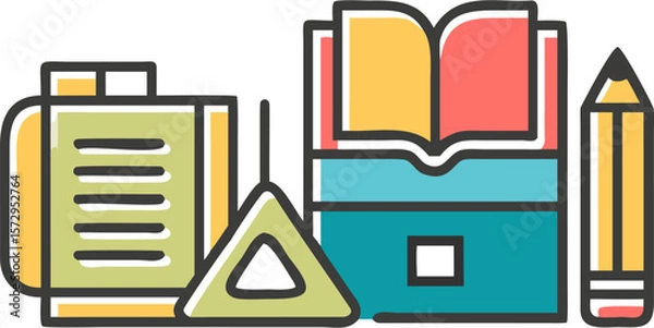 Fototapeta Colorful flat education icon set featuring books, folders, rulers, and triangles. Perfect for school, university, or online learning platforms.