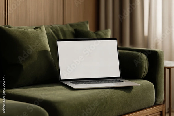 Fototapeta blank laptop display on sofa in modern room