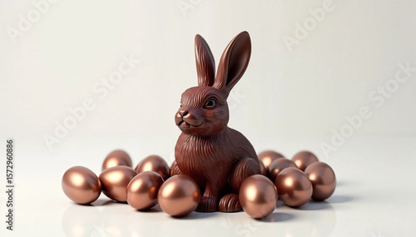 Fototapeta Luxurious chocolate Easter bunny sitting among glossy metallic bronze eggs on a pristine white surface, celebration of spring and indulgence.