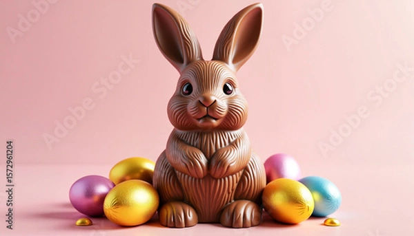Fototapeta Traditional chocolate Easter bunny surrounded by vibrant foil-wrapped eggs on a soft pink background, joyful celebration of spring.