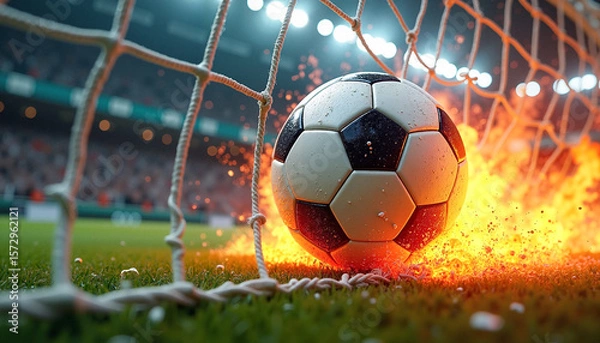 Fototapeta Soccer ball striking goal net with fiery explosion, dynamic action scene in a stadium, sports excitement and triumph concept.