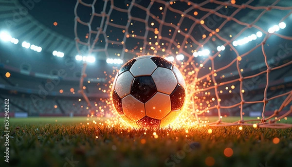 Fototapeta Soccer ball igniting fiery sparks as it hits the goal net under dramatic stadium floodlights, representing victory and excitement in sports.