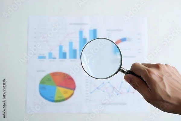 Fototapeta Man typing on laptop with data charts displayed near