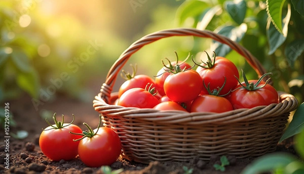 Fototapeta Woven basket overflowing with bright red tomatoes in a sunlit rural garden, representing the bounty of nature and the joy of harvest.