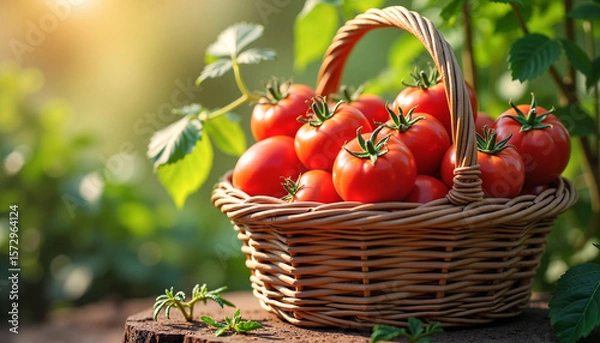 Fototapeta Wicker basket overflowing with ripe, vine-ripened tomatoes against lush green garden foliage, symbolizing freshness and organic harvest.