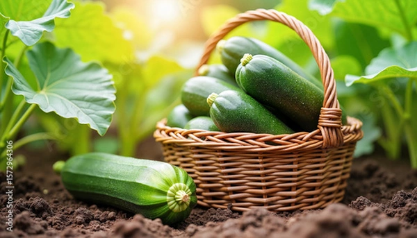 Fototapeta Rustic wicker basket filled with fresh green zucchini resting on rich garden soil, symbolizing harvest abundance and organic living.