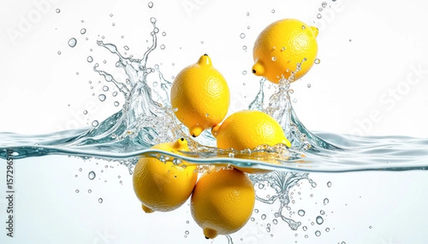 Fototapeta Vibrant yellow lemons splashing into crystal-clear water against a clean white background, refreshing beverage concept