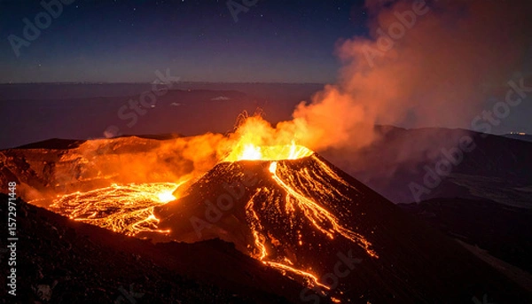 Fototapeta Volcanic eruption at night with glowing lava flowing down crater slopes, dramatic orange fire and smoke illuminating dark sky, creating powerful natural spectacle