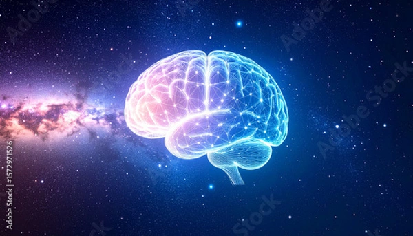 Fototapeta Glowing pastel brain mesh with neural network connections floating in cosmic space, symbolizing intelligence and futuristic technology in symmetrical clean design