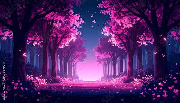 Fototapeta Firefly glowing pink forest with pixelated birds at night, symmetrical trees and vibrant flowers create magical and serene atmosphere with clean space on left side