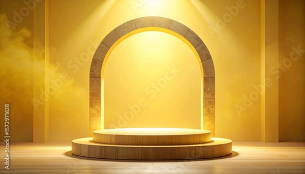 Fototapeta Golden glowing mist stage with stone arch and wooden platform illuminated by warm light in symmetrical clean space