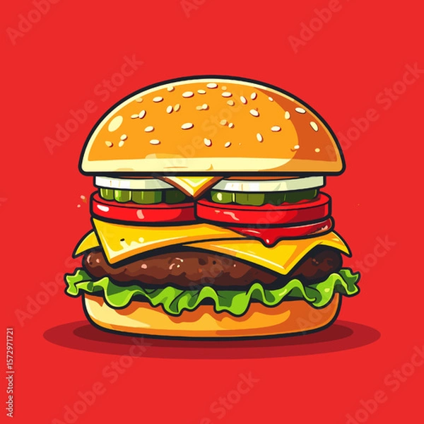 Obraz Pixel Art Illustration of Classic Burger with Fresh Ingredients on Red Background