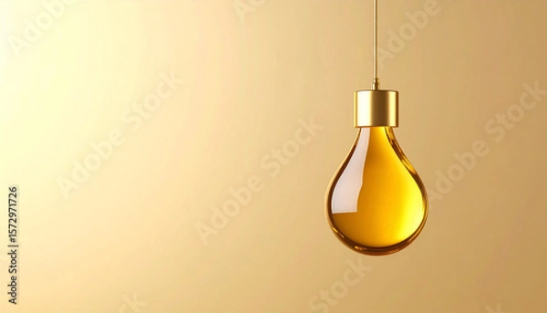 Fototapeta Golden light bulb hanging with warm glow on beige background, symbolizing creativity and innovation with clean space for text or design on left side