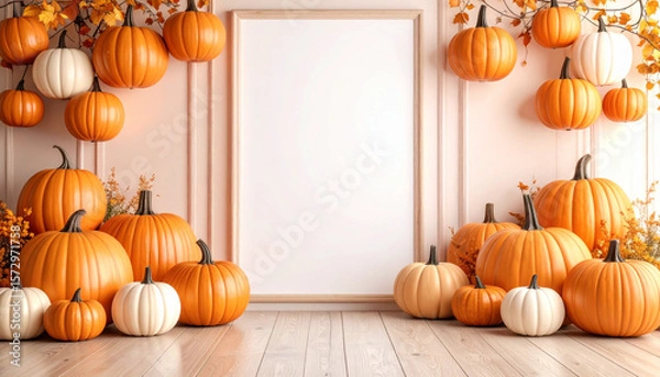 Fototapeta Autumn pumpkin decoration with orange and white pumpkins arranged around blank frame on wooden floor, creating warm and festive Halloween atmosphere