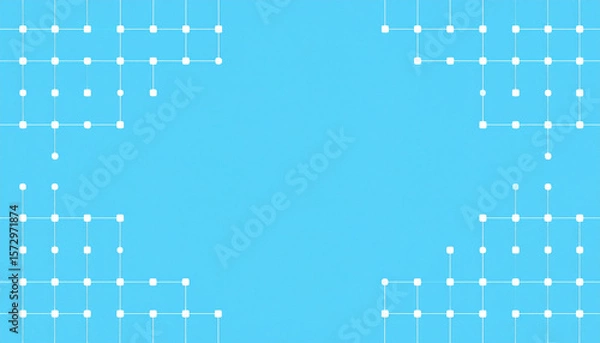 Fototapeta Interconnected white squares form symmetrical minimal flat design on bright blue background, creating clean and modern geometric pattern with tech inspired feel