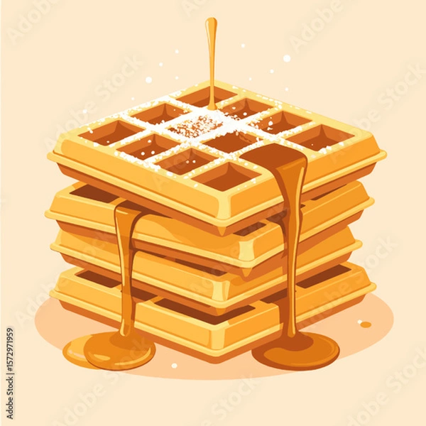 Obraz Pixel Art of Stacked Waffles with Syrup and Powdered Sugar in Beige Background Detailed Illustration