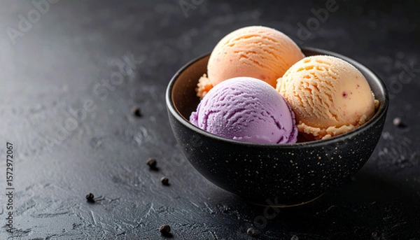 Fototapeta Three scoops of peach and purple ice cream served in dark speckled bowl on textured black surface, creating visually appealing and colorful dessert presentation