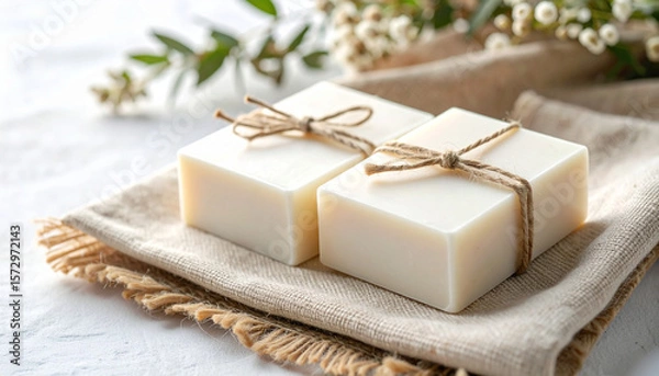 Fototapeta Two creamy white handmade soap bars tied with natural twine on organic cotton fabric with soft floral background for clean and fresh feeling