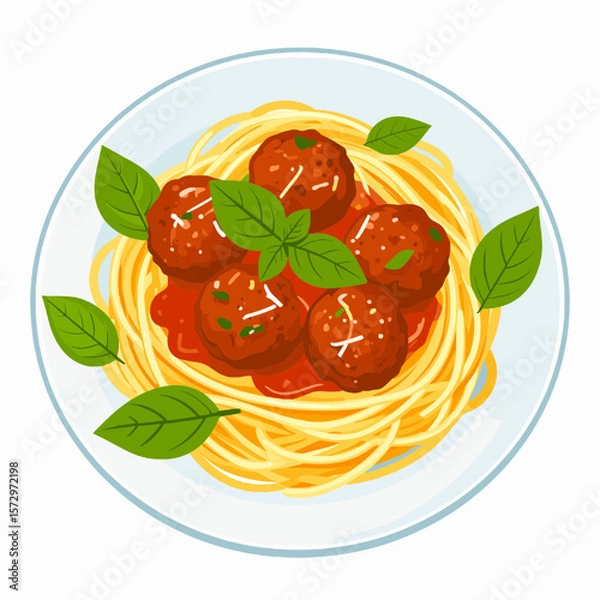 Obraz Pixel Art Spaghetti with Meatballs Topped with Basil Leaves and Rich Tomato Sauce on White Plate for Dinner Meal