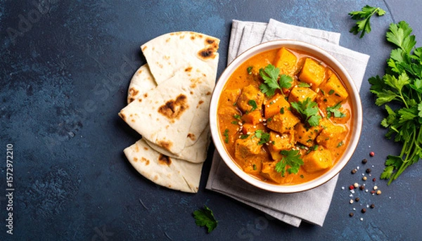 Fototapeta Vegetarian curry with chunks of vegetables and tofu in creamy sauce served in ceramic bowl with naan bread and fresh herbs on dark textured surface, appetizing and colorful