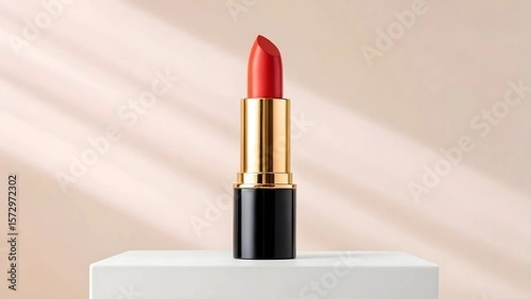 Obraz Elegant red lipstick in luxurious gold and black casing on a pedestal