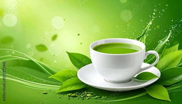 Fototapeta Green tea cup with fresh leaf and splash on vibrant green background, refreshing healthy drink with natural herbal essence and bright atmosphere
