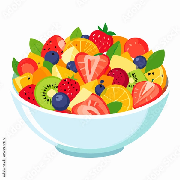 Obraz Pixelated Fruit Salad in a White Bowl with Strawberries Blueberries Kiwi and Orange in Detailed Vector Illustration