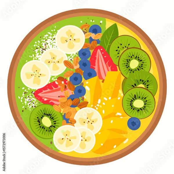 Obraz Aerial View of a Smoothie Bowl with Sliced Bananas Kiwis Strawberries Blueberries and Almonds with Yellow and Green Background