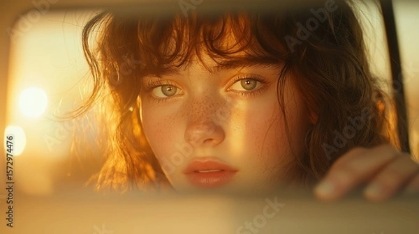 Fototapeta Young woman gazing thoughtfully in car mirror during golden hour, with soft sunlight highlighting her features and eyes