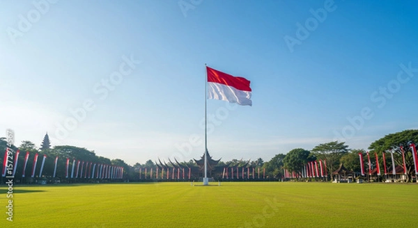 Obraz Indonesian Flag Waving on a Field under Clear Blue Sky