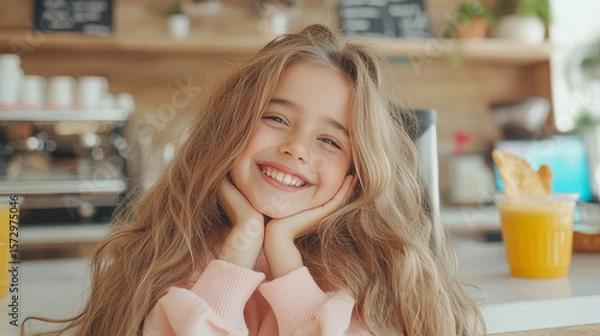 Fototapeta Happy Child Smiling in a Bright Cafe with Fresh Juices and Cozy Atmosphere