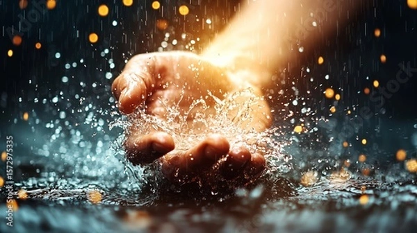Fototapeta Hand Reaching Out to Water with Raindrops and Bokeh Lights Creating a Dreamy and Serene Atmosphere
