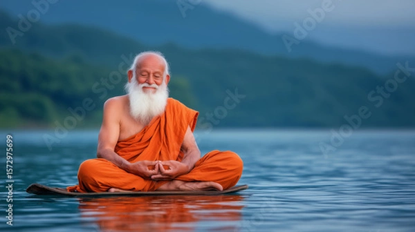 Fototapeta Serene Meditation of an Elderly Man in Orange Robes Amidst a Tranquil Lake Surrounded by Green Mountains and Soft Morning Light