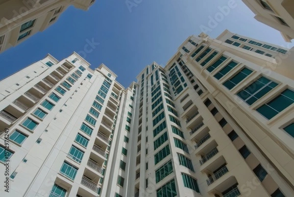 Fototapeta Modern high-rise residential buildings with glass balconies and beige facades rise against a clear blue sky. Palm trees in the foreground add a tropical, luxurious atmosphere.Copy space. Banner