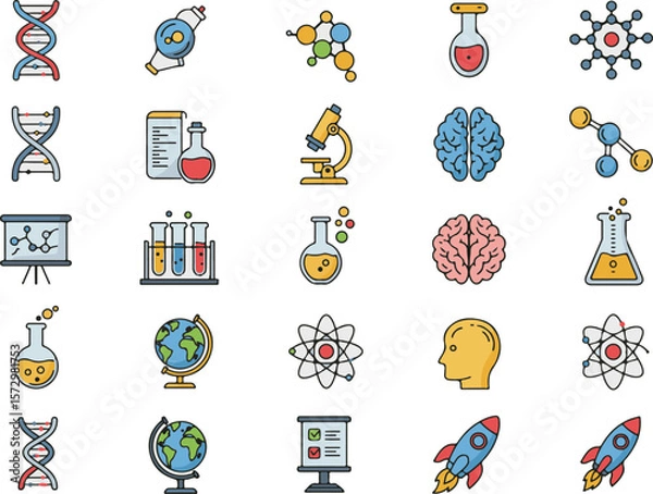 Fototapeta A seamless pattern of diverse cartoon science and education icons creates a vibrant technology design
