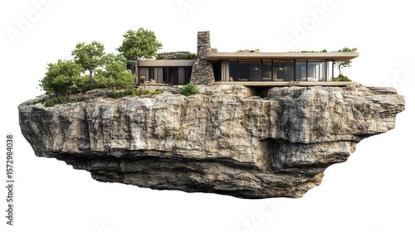 Obraz House built into rock cliffside with natural integration background isolated on a Transparent background, PNG file.
