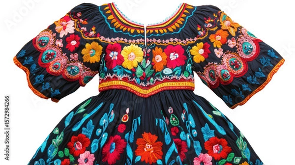 Obraz Hungarian Maty dress with vivid floral embroidery background isolated on a Transparent background, PNG file.