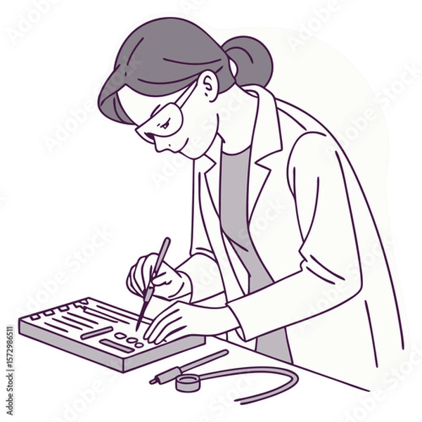 Fototapeta Female Electronics Technician Assembling Circuit Boards - Vector Illustration. Perfect for: National STEM Day, Tech Career Events