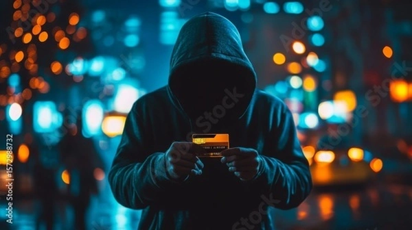 Fototapeta A hooded figure in a dark cityscape holds a credit card, symbolizing cybercrime or online fraud amidst blurred urban lights.