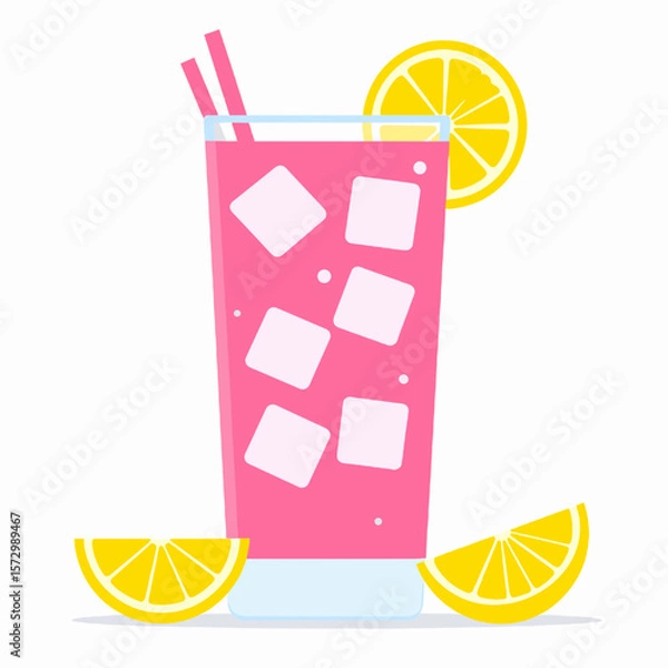 Fototapeta Vibrant Pink Lemonade with Ice Cubes and Lemon Slices on White Background Featuring Two Straws